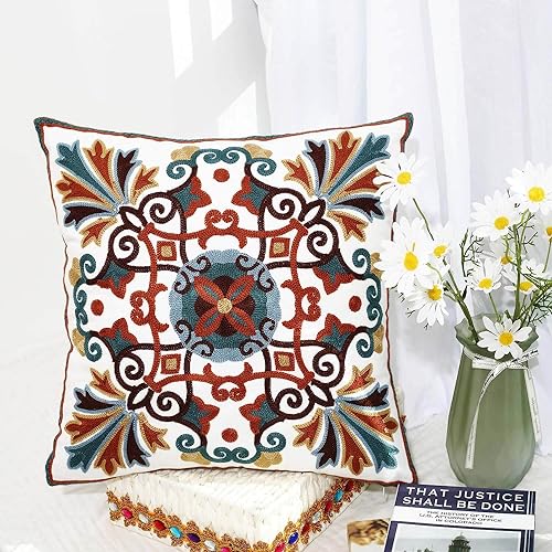 Throw Pillows Cover for Couch 18x18 inches Set of 2 Embroidered Pattern Decorative Pillow Case Covers for Living Room Sofa Bed Chair - color: 2pk-tan&brown&teal