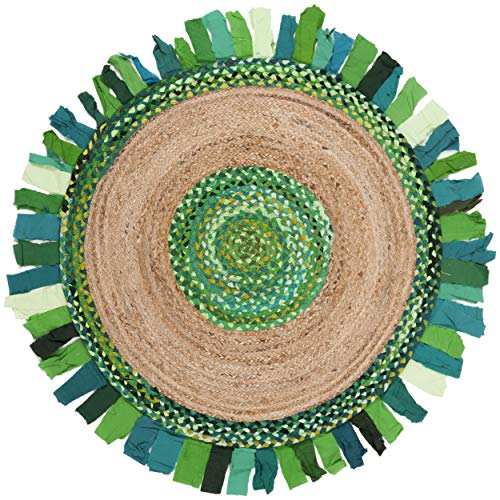 SAFAVIEH Cape Cod Collection Area Rug - 3' Round, Green & Natural, Handmade Boho Fringe Jute & Cotton, Ideal for High Traffic Areas in Living Room, Bedroom (CAP701Y) - color: Green/Natural, size: 3' (Round)