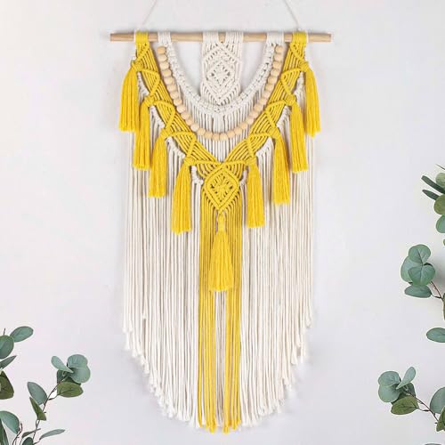 HVEST Yellow Macrame Wall Hanging Boho Wall Decor Handmade Woven Tapestry for Bedroom Living Room Dorm Nursery Bathroom Home Modern Decor Artwork, 29.9L X 15.7W inches - color: Yellow