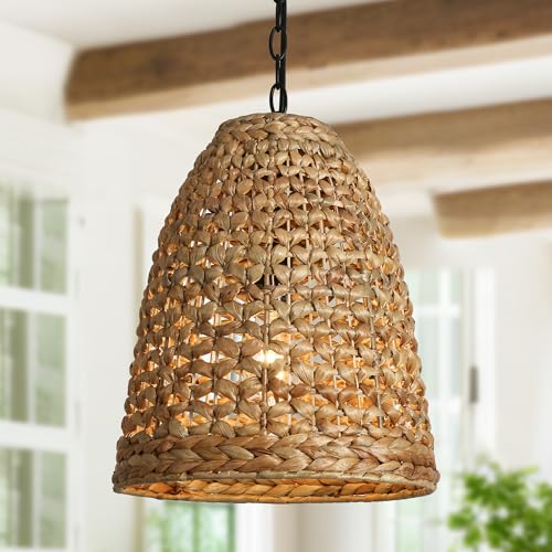 KSANA Boho Rattan Pendant Light, 1-Light Handwoven Wicker Hanging Light, 13" Natural Farmhouse Pendant for Kitchen Island, Dining Room & Entryway - size: 13"