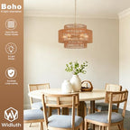 23.6" Large Rattan Chandelier Light Fixture,6-Light Hand-Woven Boho Light Fixture, 3-Tier Drum Wicker Chandelier for Dining Room, Bedroom, Kitchen Island, Foyer - color: Gold 23.6"