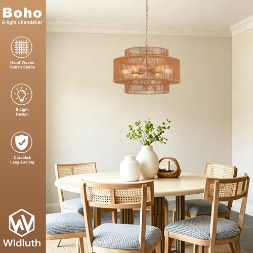 23.6" Large Rattan Chandelier Light Fixture,6-Light Hand-Woven Boho Light Fixture, 3-Tier Drum Wicker Chandelier for Dining Room, Bedroom, Kitchen Island, Foyer - color: Gold 23.6"