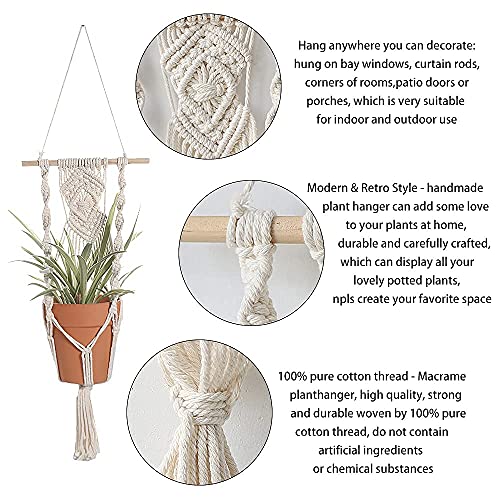 Artilady Boho Macrame Plant Hangers - Handmade Hemp Rope Hanging Baskets for Plants with Ceiling Hooks, Bohemian Home Decor Wall Art (White Wood Hanger-2pcs) - color: White Wood Hanger-2pcs