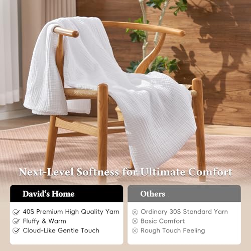 David's Home 100% Natural Cotton Muslin Blanket King Size, 4-Layer Soft Breathable Lightweight Comfy Cozy Throw Guaze for Hot Sleepers, 3D Bubble Room Decor for Bed Couch, Giftable, White, 108"x90" - color: White, size: King(108x90")