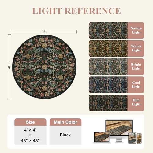 DUKINO Floral Washable Round Rug, 4ft Non Slip Vintage Area Rug for Bedroom, Soft Lightweight & Low Pile Design Small Floral Circle Carpet for Entryway, Kitchen, Nursery, Living Room, Black - color: Black, size: 4' (Round)