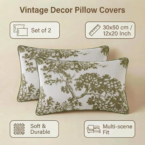 Mantle & Mason Floral 12x20 Lumbar Pillow Covers Set of 2, French Vintage Woven Jacquard Decorative Accent Pillow Cases for Couch, 430GSM Thick Chenille & Luxury Velvet, Olive Green - color: Tree Pattern Olive Green, size: 20" x 12" (Pack of 2)