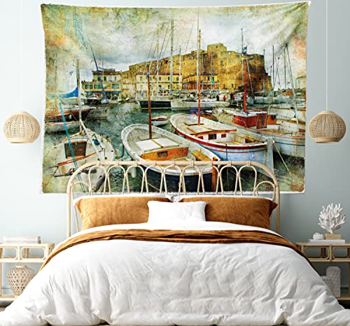 Ambesonne Marine Tapestry, Naples Small Boats at Historical Italian Coast Heritage Castle Nautical Art, Wide Wall Hanging for Bedroom Living Room Dorm, 60" X 40", Earth Yellow - color: Earth Yellow, size: 60"L x 40"W