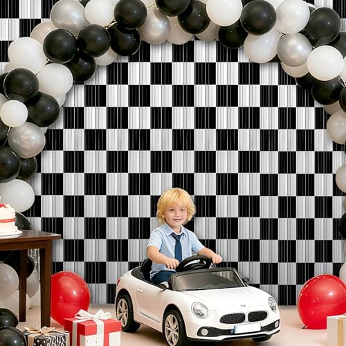 Crosize 2 Pack 3.3 x 9.9 ft Race Car Party Decorations Fringe Curtains, Black & White Tinsel Curtain Backdrop for Parties, Door Streamers, Glitter Streamer Backdrop for Birthday Decoration - color: Black & White, size: 2 Pack