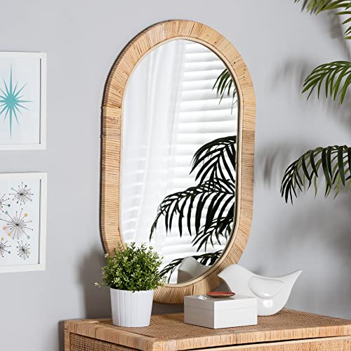 Bali & pari Bella Modern Bohemian Natural Mahogany Wood and Natural Rattan Oval Mirror