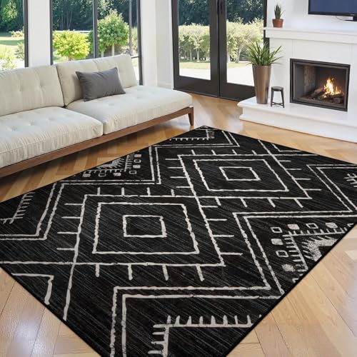LIVEBOX Western 5x7 Area Rug, Black Washable Rugs for Living Room Bedroom, Non Slip Moroccan Tribal Rug Low Pile Modern Geometric Boho Area Rugs Diamond Carpet for Dining Room Home Office Playroom - color: Black, size: 5‘ x 7'
