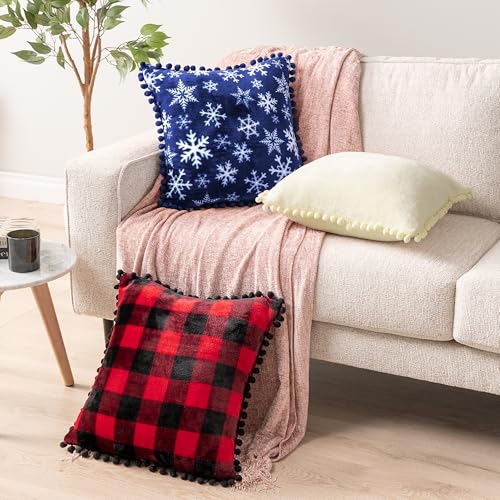 PAVILIA Snowflake Blue Throw Pillow Covers with Pom Pom 18x18 Set of 2, Christmas Decorative Pillow Cases for Bedroom, Holiday Small Pillows Set for Bed, Velvet Winter Plush Cushion Covers Sofa Couch - color: Snowflake Blue, size: 18" x 18" (Pack of 2)