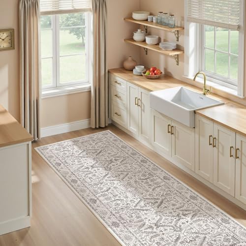 3x10 Washable Hallway Runner Rug :Vintage Large Soft Entryway for Kitchen Laundry Room Runner with Non Slip Backing Farmhouse for Bedroom Bathroom Living Room Stain Resistant Carpet-White Gray - color: White, size: 3' x 10' (Rectangular)