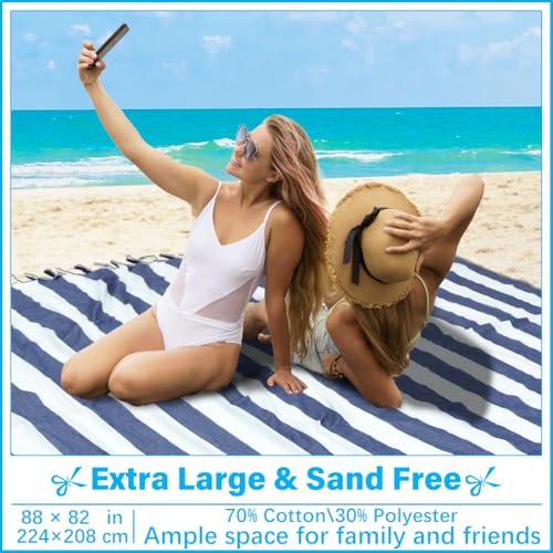 Vikumond Oversized Turkish Beach Towel Blanket XXL Cotton Sandproof Towels Boho Woven Extra Large Big Sand Free Giant Throw Blankets Huge Quilt XL Picnic Camping Necessities Cloud for Adult Gifts - color: Z Udarkblue Vertical Stripe, size: Xxxl(88x82 In,2