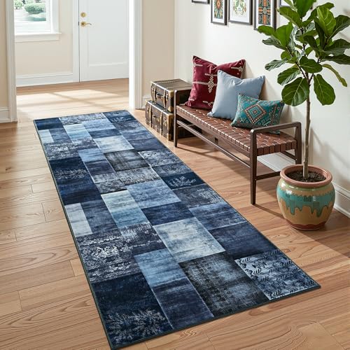 Tepook Modern Runner Rug for Living Room, 2x6 Washable Rugs for Bedroom Hallway, Geometric Patchwork Runner Rug Non-Slip Indoor Throw Carpet for Entryway Kitchen Office Home Decor, Blue - color: Blue, size: 2 X 6 Feet