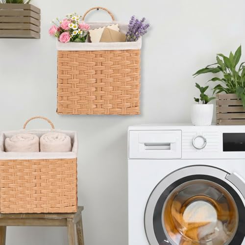 Novabright Set of 2 Wicker Hanging Basket Woven Wall Baskets with Handles Liners for Front Door Organizing Mail Flowers Wall Storage Basket for Farmhouse Home Decor Kitchen Bathroom Toilet Tank Top - style: European Style