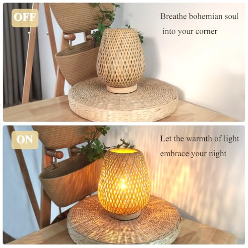 Boho Table Lamp - Small Lamps for Bedroom, Wicker lamp, Rattan Lamp, Boho Bamboo Woven Table Lamp for Bedroom Living Room Desk, 2700K T45 LED Bulb Included