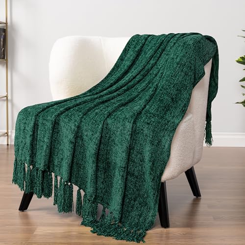 PAVILIA Emerald Green Chenille Throw Blanket for Couch Sofa, Soft Green Knit Throw with Tassel, Decorative Blanket for Bed Chair Living Room, Emerald Green 50x60 - color: Emerald Green, size: 50 X 60 Inches - Throw