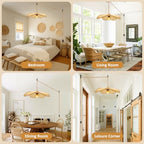 Bamboo Plug in Pendant Light, 24 Inch Flower Handwoven Rattan Lampshade Stepless Dimmable Boho Chandelier, 11.3 ft Plug in Hanging Lamp for Hallway Kitchen Island Dining Room Bedroom(Not Bulb)