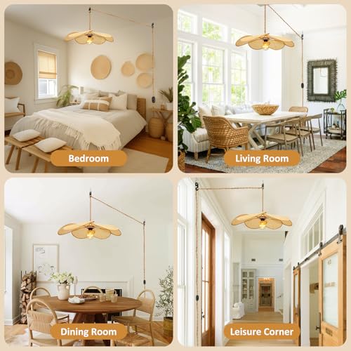 Bamboo Plug in Pendant Light, 24 Inch Flower Handwoven Rattan Lampshade Stepless Dimmable Boho Chandelier, 11.3 ft Plug in Hanging Lamp for Hallway Kitchen Island Dining Room Bedroom(Not Bulb)