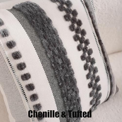 Grey Throw Pillow Covers 18x18 Set of 2 Boho Stripe Pillow Covers Tufted Decorative Pillow Case Accent Pillowcase Farmhouse Cushion Case Nuetral Textured Pillow Cover Spring Home Decor - color: Gray Stripe, size: 18" x 18" (Pack of 2)