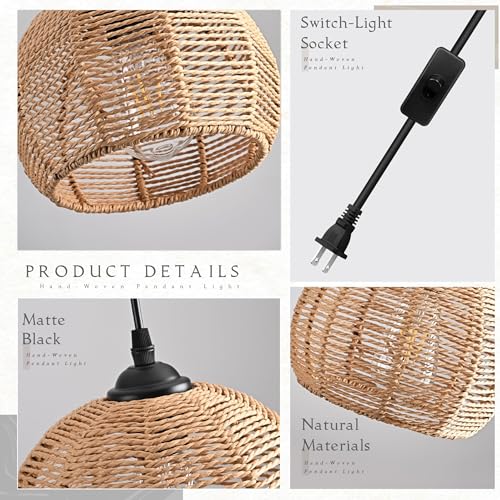 Plug in Mini Hemp Rope Woven Pendant Light Woven Light Fixture Boho Chandelier Wicker Pendant Lights Rattan Plug in Cord Hanging Lights Dome Wicker Chandelier for Bedroom (Bulb Incl.) - color: 8.7" Natural Plug In