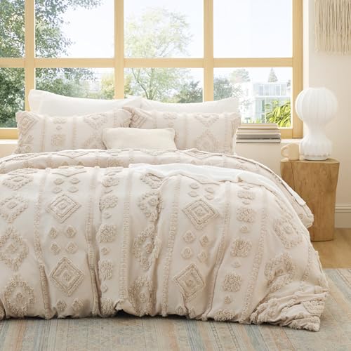 Bedsure Boho Duvet Cover Queen Size - Tufted Boho Bedding, Farmhouse-Style Distressed Vintage Embroidery Bedding for All Seasons, 3 Pieces, 1 Soft Jacquard Queen Comforter Cover and 2 Pillow Shams - color: 08 - Beige Tufted (No Comforter), size: Queen (90