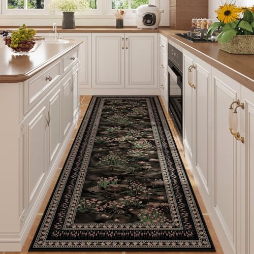 Rugcomf 2x6 Runner Rug Impressionist-Style Vintage Kitchen Rugs Non Slip Washable Soft Carpet Runner for Kitchen Laundry Bedroom Bathroom, Black - color: Black, size: 2' x 6' (Rectangular)