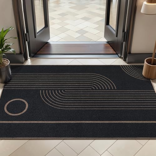 Tangsoo Easy Jute Rug 2x4 Small Rugs for Entryway,Washable Thin Outdoor Door Mat,Black Round Rainbow Non-Slip Indoor Floor Small Throw Carpet for Entrance Kitchen Hallway Bedroom Front Porch - color: Black Geometry, size: 2x4ft