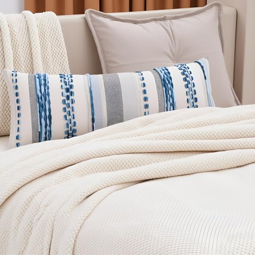 Boho Lumbar Throw Pillow Cover 14x36 Long Body Lumbar Decorative Pillow Case Accent Chenille Striped Pillowcase Farmhouse Cushion Case for Home Decor Sky Blue (1 Piece) - color: Sky Blue Stripe, size: 36" x 14" (Pack of 1)