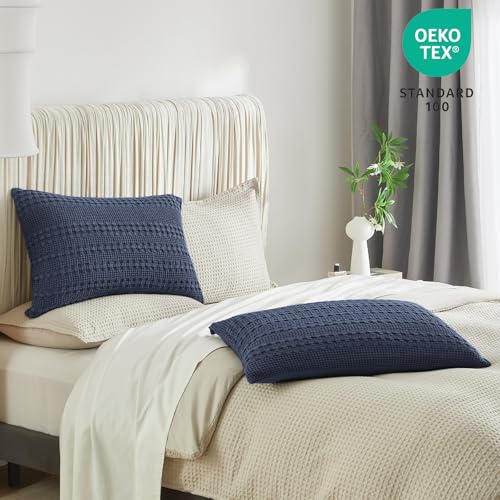 PHF 100% Cotton Waffle Pillow Shams Standard Size, 2 Pack 20" x 26" Soft Skin-Friendly Pillowcases, No Filling, Aesthetic Woven and Breathable Waffle Weave Pillow Case Covers for Bed, Indigo - color: Indigo, size: 26" x 20" (Pack of 2)