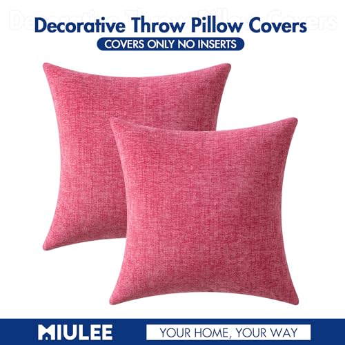 MIULEE Pack of 2 Couch Throw Pillow Covers 16x16 Inch Soft Hot Pink Chenille Pillow Covers for Sofa Living Room Solid Dyed Pillow Cases - color: Hot Pink, size: 16" x 16" (Pack of 2)