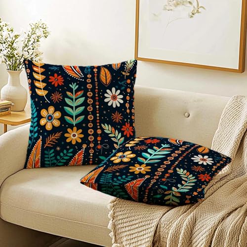 Firmiso Scandinavian Folk Art Throw Pillow Covers 18x18 Set of 2 | Floral Decorative Cushion Covers for Sofa Couch Bed | Boho Nordic Inspired Home Decor Pillow Cases | Navy Blue Orange Accent - color: Folk Art