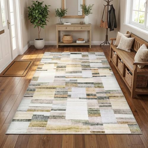 Garvee Washable Rugs 4x6 Area Rug for Living Room Boho Non Slip Entryway Rug Modern Geometric Soft Non Shedding Bedroom Rug Low Pile Stain Resistant Carpet for Office Nursery Classroom 4'x6' Khaki - color: Grey Multi, size: 4' x 6' (Rectangular)