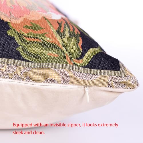 18x18 Tapestry Pillow Cover, Jacquard Woven Botanical Square Vintage Floral Large Pink Rose Decorative Throw Pillow Sham for Couch, Victorian Accent Cushion Case (Antique Rose & Charcoal Black Floral) - color: Antique Rose & Charcoal Black Floral