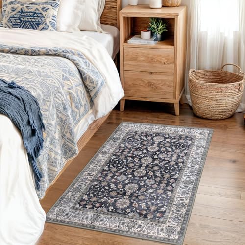 KUTA Vintage Floral Entryway Rug 2x3, Kitchen Area Rugs Non-Slip Washable Throw Rug, Grey Black Beige Ultra Thin Soft Print Front Door Mat Indoor Doormat for Entrance, Bedside, or Small Spaces - color: Grey Black Beige, size: 2' x 3' (Rectangular)