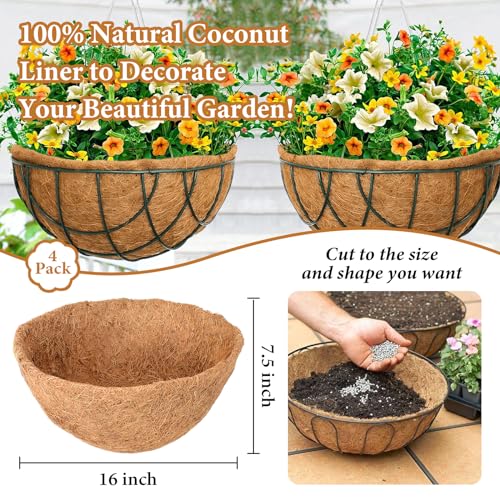 Legigo 4 Pack 16 Inch Hanging Basket Coco Liners Replacement, 100% Natural Round Coconut Coco Fiber Planter Basket Liners for Hanging Basket Flowers/Vegetables - color: 4pcs, size: 16 Inch