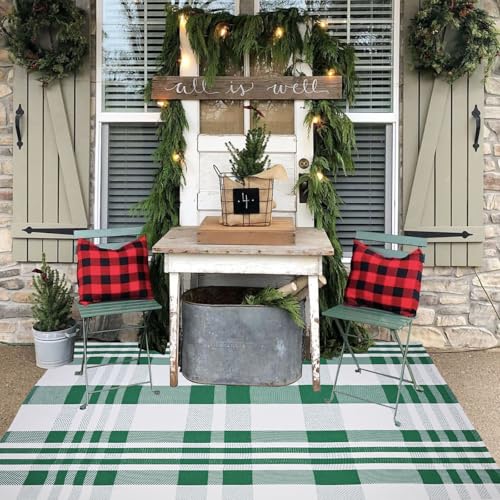 Christmas Plaid Outdoor Rug, 4' x 6' Green&White Checkered Indoor/Outdoor Area Rug, Layering Rug for Hello/Welcome Door Mat, Machine Washable Cotton Woven Rug for Farmhouse Front Porch, Entryway - color: Green & White Plaid X, size: 4' x 6' (Rectangular)