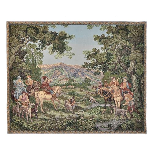 AureoMadis Medieval Vintage Tapestry Wall Hanging - Botticelli's Spring Art Replica, Jacquard Woven Aesthetic Set with Tassels, Telescopic Rod, Rope & Hooks for Bedroom & Living Room Decor (42"x27") (Earthy：Hunting Scene-Finished Edges) - color: Earthy：Hu