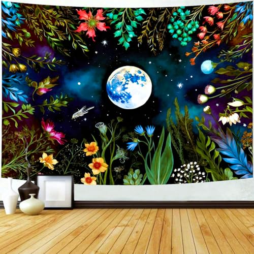 Delur Moonlit Garden Tapestry Boho Moon Floral Plant Tapestry Wall Hanging Colorful Flower Botanical Nature Night Landscape Headboard for Bedroom Living Room Home Decor (59.1" x 78.7") - color: Moonlit Garden, size: 59.1"L x 78.7"W