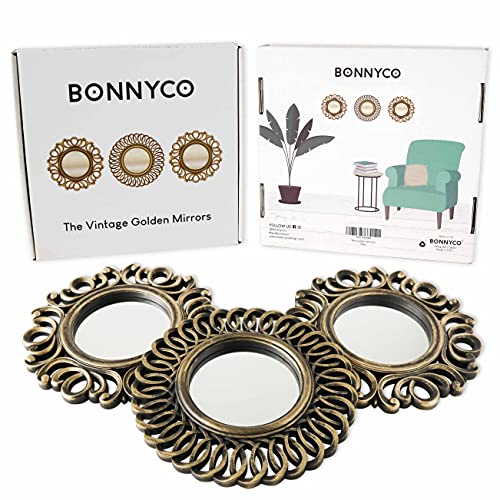 BONNYCO Wall Mirrors Pack of 3, Round Gold Mirrors for Home Decor Bedroom and Living Room. Espejos Decorativos de Pared Sala Dormitorio, Circle Wall Decor Minimalist Vintage Chic. Gifts for Women Mums - color: Gold Vintage