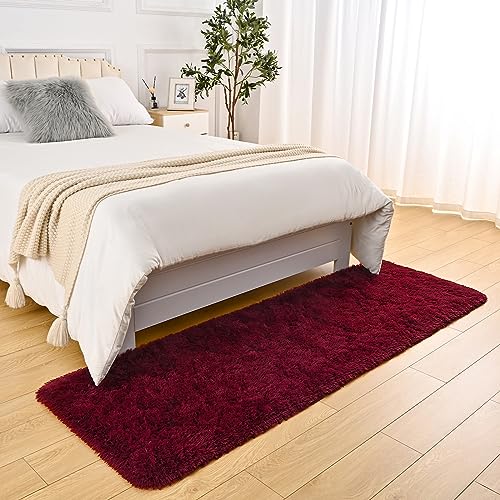 DweIke Fluffy Burgundy Red Runner Rugs for Bedroom, 2x6 Feet Soft Plush Long Runners for Girls Boys Kids, Non-Slip and Machine Washable Bedside Rug, Small Throw Carpet for Hallway Rooms Decor - color: Wine Red, size: 2 Ft X 6 Ft