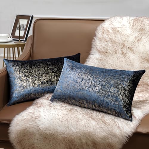 Phantoscope Pack of 2 Sparkling Velvet Decorative Solid Throw Decorative Pillow Cover Soft Gold Glitter Square Cushion Cover Pillowcase for Couch Bed and Chair, Navy Blue, 12 x 20 inches, 30 x 50 cm - color: Navy Blue and Gold, size: 20" x 12" (Pack of 2)