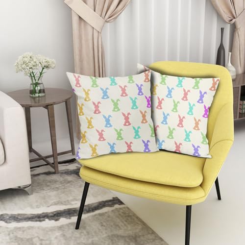 Easter Cute Rabbits Pillow Covers 16x16 Inches Colorful Bunny Throw Pillow Case Set of 2 Easter Spring Pillow Cover Cotton Linen Cushion Cover for Home Couch Sofa Bedroom Livingroom - color: Colorful Bunny231123, size: 16" x 16" (Pack of 2)