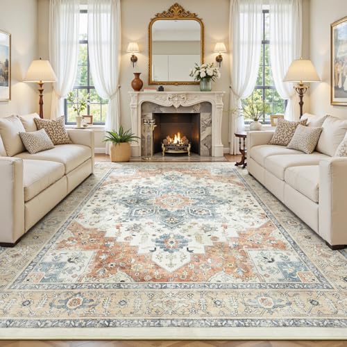 9x12 Rug for Living Room - Large Vintage Farmhouse Eclectic Medallion Carpet, Washable Low Pile Non-Slip Area Rug for Dining Under Table, Bedroom Under Bed,Office, Neutra Beige and Orange - color: Beige Orange, size: 9' x 12' (Rectangular)
