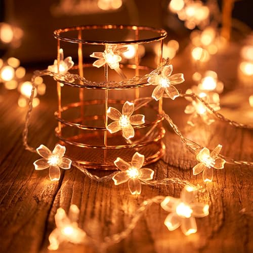 Decorative Flower String Lights for Bedroom, Battery Operated & USB Plug in 10 FT 30 LED Cute Fairy Cherry Blossom Floral Lamps Indoor Outdoor Christmas Holiday Hanging Vine Decorations (Warm White) - color: 10ft Warm White Flower Lights