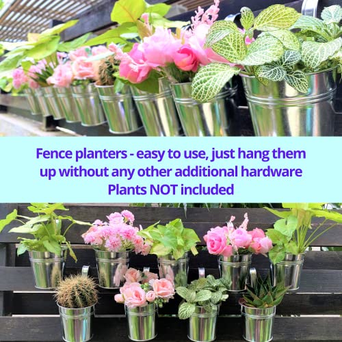 LaLaGreen Fence Planters for Outdoor Plants (10 Pack, 4 Inch) Balcony Planter Railing Hanging, Small Silver Metal Flower Pot Rail Wall Cute Farmhouse Garden Rustic Deck Porch Window Box Bucket Decor - size: 4 Inch (Silver)