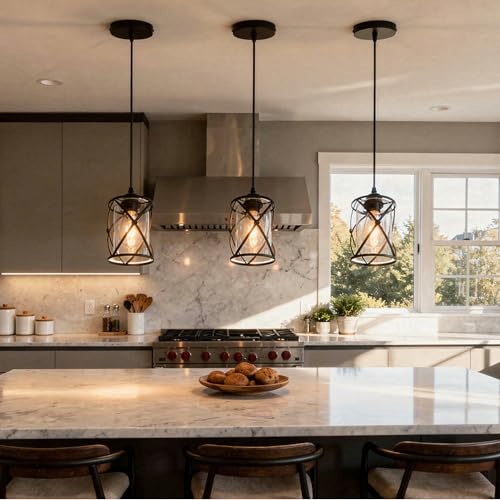 3 Light Pendant Lighting, Farmhouse Hanging Light Fixture for Kitchen Island & Dining Room, Industrial Vintage Ceiling Lamp with E26 Base, Adjustable Height, Matte Black with Glass Shades - color: X-Frame Glass Pendant - 1-Light (Black) - 3 Pack