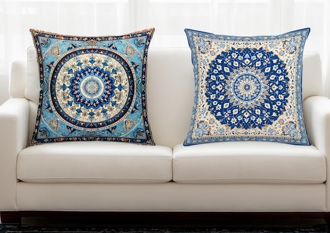 Jartinle Navy Mandala Pattern Throw Pillow Covers 18x18 Set of 4 Boho Accents Decorative Throw Pillows for Couch, Sofa, Outdoor Patio Bohemian Decor
