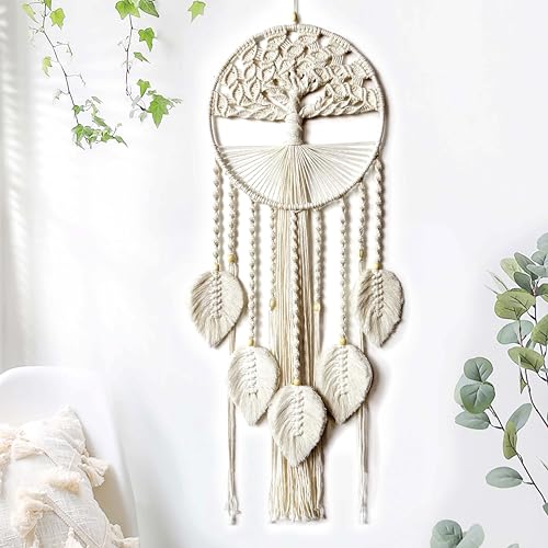 Large Tree of Life Dream Catchers, Macrame Wall Hanging Boho Handmade Woven Dream Catcher Macrame Wall Decor Art for Adults Boys Girls Bedroom Wedding Party Decor, Festival Blessing Gift（Light Beige）