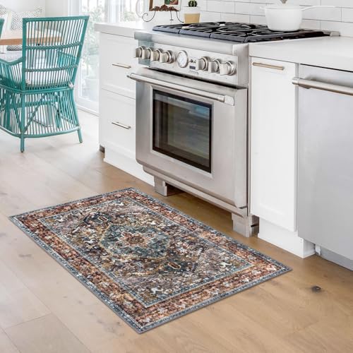 KOZYFLY Small Area Rug 2x3 Ft Rugs for Entryway Washable Boho Entry Rug Non Slip Door Mat Indoor Entrance Faux Wool Vintage Printed Kitchen Rug Throw Rugs for Entrance Kitchen, Brick Red/Orange/Green - color: Brick Red/Orange/Green, size: 2' x 3' (Rectang